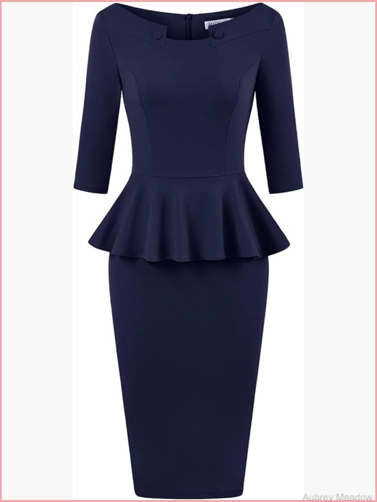 Women's 50s Vintage Bodycon 3/4 Sleeve Midi Peplum Work Pencil Dress